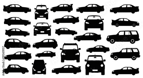 Collection of Black Car Silhouettes Various Models and Angles.