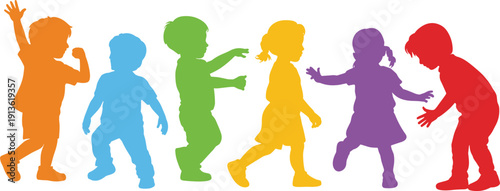 Silhouettes of six children in rainbow colors playing and dancing kids