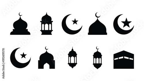 Ramadan silhouette icons set including mosque crescent moon star and lantern symbols for best selling designs
