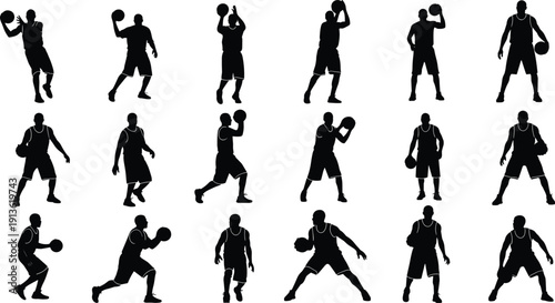 Black silhouettes of basketball players in action poses like shooting and dribbling plus a hoop isolated on white background for sports competition concepts