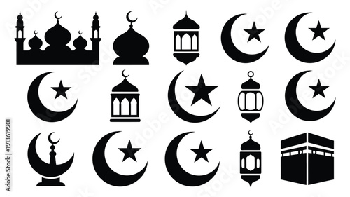 Islamic symbols and icons collection black silhouettes of mosques crescent moons stars lanterns and kaaba on white background for ramadan and eid celebrations