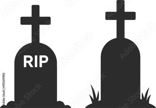 Two dark tombstone silhouettes one with RIP inscription and grass gravestone death