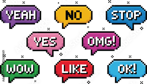 Collection of colorful pixelated speech bubbles displaying various common short words for digital communication