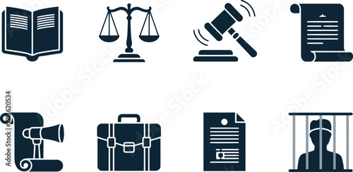 Collection of dark monochrome legal and justice themed icons on white