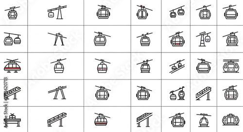 Collection of cable car and ski lift icons in a grid.