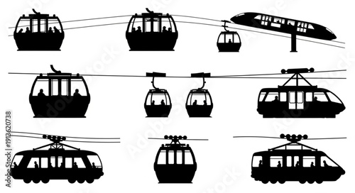Collection of cable car and tram silhouettes for transportation concepts.