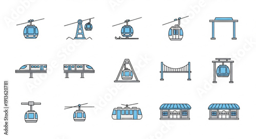 Collection of cable car and transport icons.
