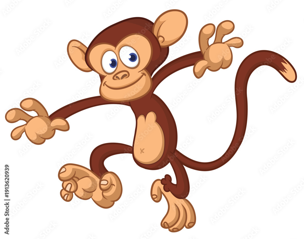 Obraz premium Cartoon funny brown monkey chimpanzee jumping or dancing. Vector illustration isolated on white