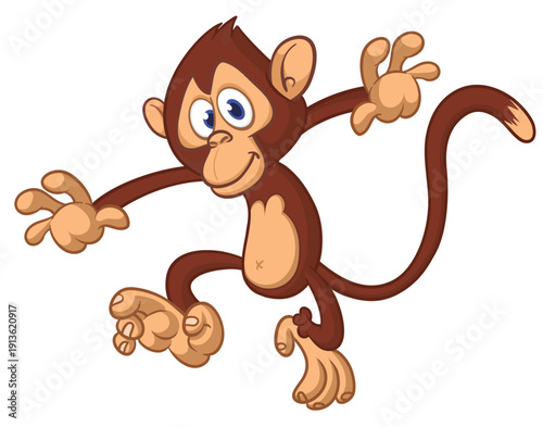 Cartoon funny brown monkey chimpanzee jumping or dancing. Vector illustration isolated on white