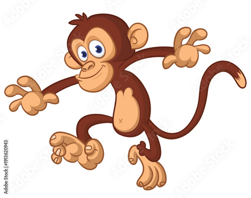 Cartoon funny brown monkey chimpanzee jumping or dancing. Vector illustration isolated on white