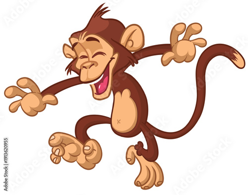 Cartoon funny brown monkey chimpanzee jumping or dancing. Vector illustration isolated on white
