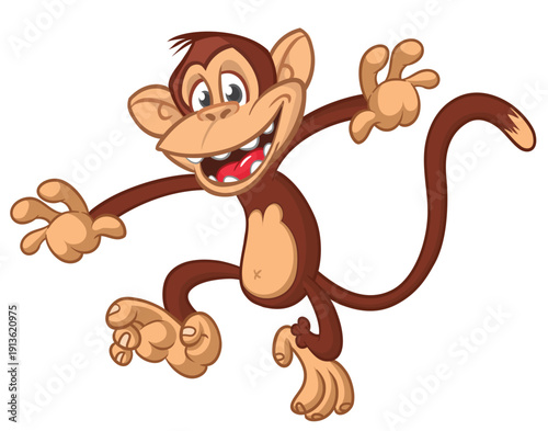 Cartoon funny brown monkey chimpanzee jumping or dancing. Vector illustration isolated on white