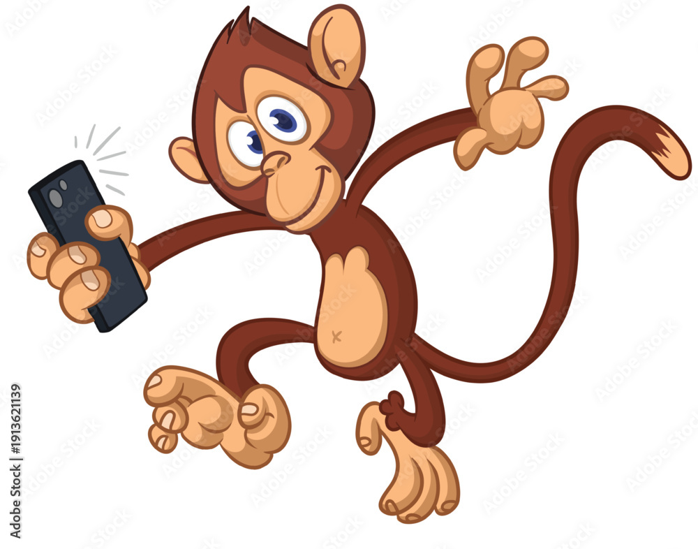 Obraz premium Cartoon funny monkey chimpanzee making selfie with the smartphone. Vector illustration isolated on white