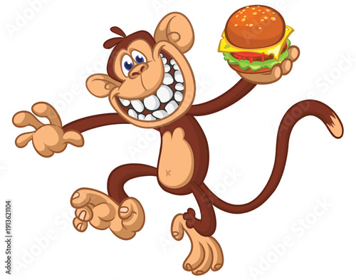 Cartoon funny monkey chimpanzee holding hamburger or cheeseburger or falafel in his hands. Vector illustration of happy monkey character design isolated.