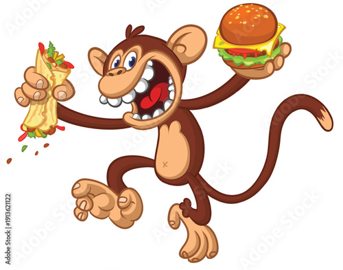 Cartoon funny monkey chimpanzee holding hamburger or cheeseburger or falafel in his hands. Vector illustration of happy monkey character design isolated.