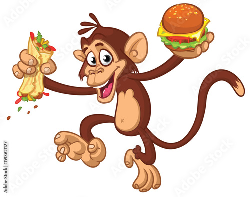 Cartoon funny monkey chimpanzee holding hamburger or cheeseburger or falafel in his hands. Vector illustration of happy monkey character design isolated.