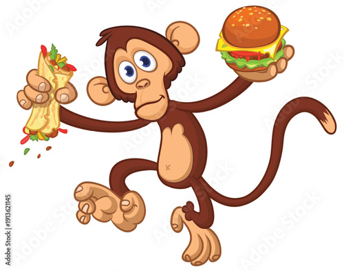 Cartoon funny monkey chimpanzee holding hamburger or cheeseburger or falafel in his hands. Vector illustration of happy monkey character design isolated.