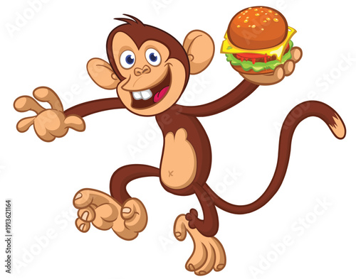 Cartoon funny monkey chimpanzee holding hamburger or cheeseburger or falafel in his hands. Vector illustration of happy monkey character design isolated.