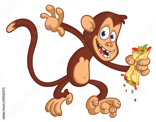 Cartoon funny monkey chimpanzee holding hamburger or cheeseburger or falafel in his hands. Vector illustration of happy monkey character design isolated.