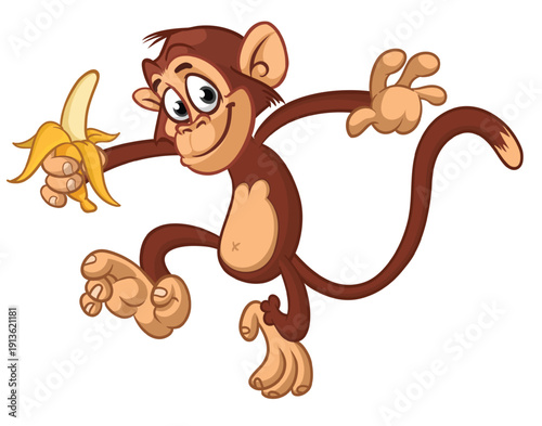 Cartoon funny brown monkey chimpanzee jumping or dancing. Vector illustration isolated on white