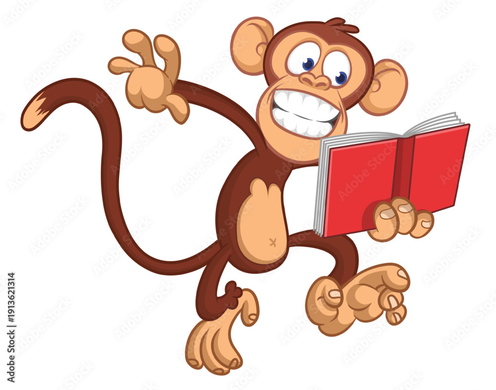 Obraz premium Cartoon funny brown monkey chimpanzee reading the book. Vector illustration isolated on white