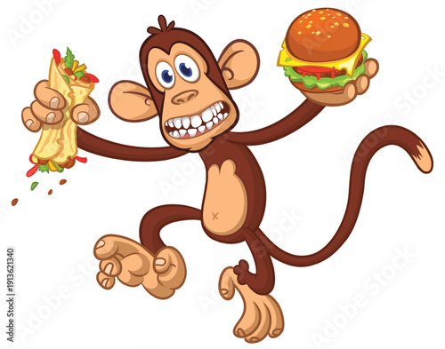 Cartoon funny monkey chimpanzee holding hamburger or cheeseburger or falafel in his hands. Vector illustration of happy monkey character design isolated.