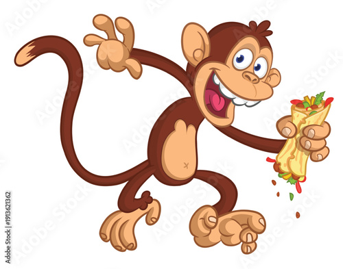 Cartoon funny monkey chimpanzee holding hamburger or cheeseburger or falafel in his hands. Vector illustration of happy monkey character design isolated.