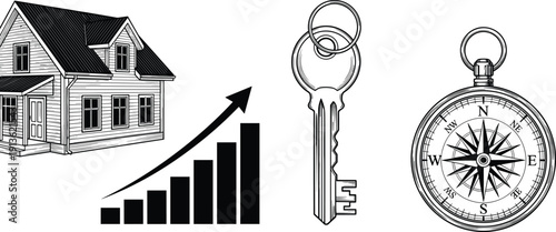 Real estate investment concept illustration with house, rising graph arrow, vintage key and compass in black and white engraving style isolated on background