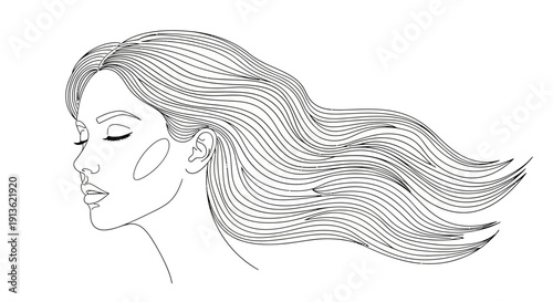 A glamour fashion illustration of a beauty model lady with long black hair and a flower in her style, featuring a silhouette sketch of her face and eyes in an art vector design