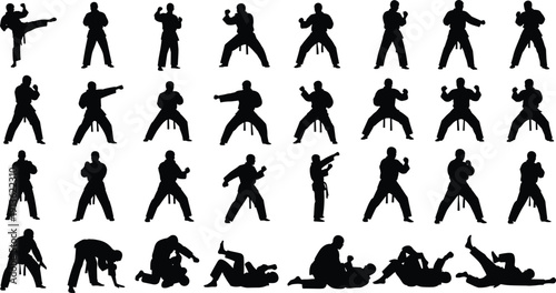 Karate and Martial Arts Silhouette Set Featuring Punching, Kicking and Grappling Poses, Black Fighter Collection Isolated on White Background for Sports Design Projects