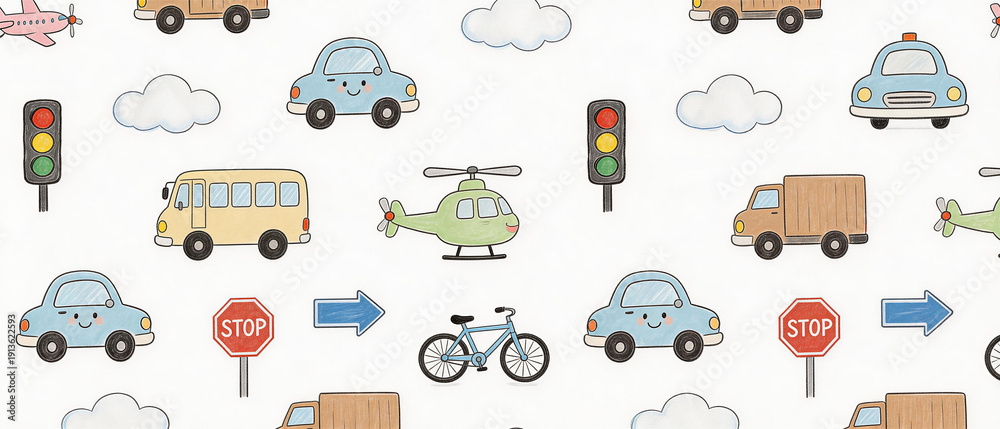 Kids Transportation and Vehicle Crayon Pattern