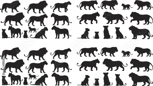 Lion family silhouette collection featuring male lion, lioness and cub poses isolated on white background, African safari wildlife vector set for design