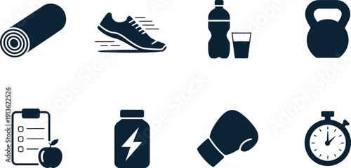 Comprehensive set of fitness and sport themed objects isolated on white