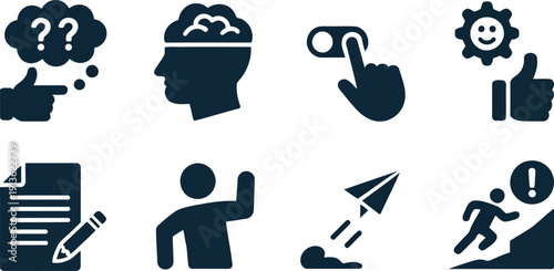 Dark blue graphic icons illustrate various concepts like questioning, thinking, writing, launching, and overcoming challenges