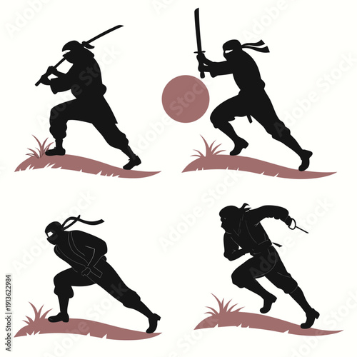 Silhouette of four ninjas in different poses with weapons