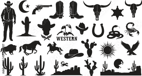 Western cowboy silhouette collection with hats, boots, revolver, cactus, horse, bull skull and desert elements isolated on white background vector set