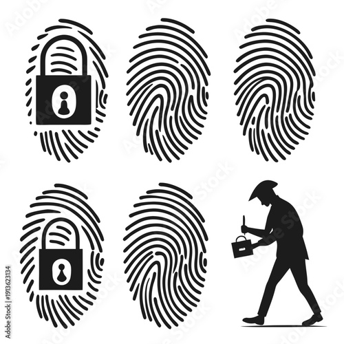 A silhouette of a thief with fingerprints and padlocks