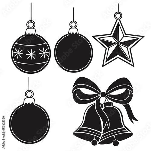 Christmas ornaments and decorations in black and white