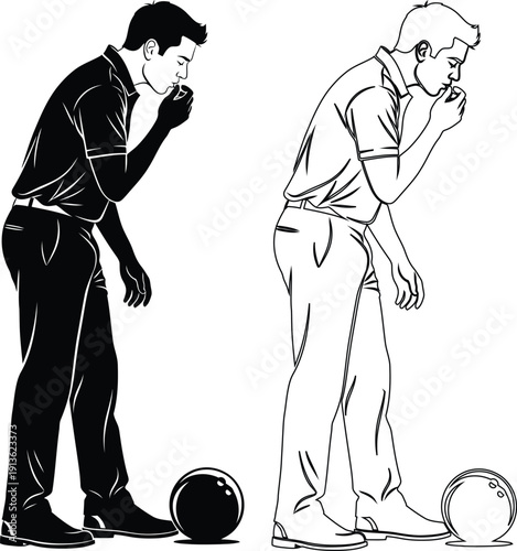 Two individuals demonstrating different bowling stances in a game of lawn bowling.
