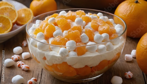 orange fluff dessert in a glass bowl