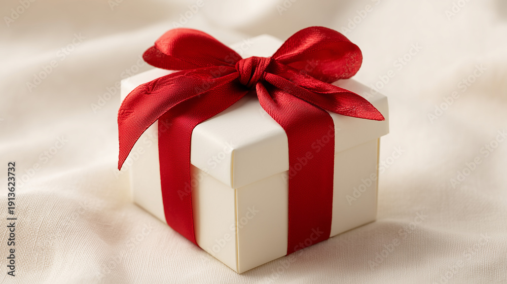 Obraz premium Gift of Delight: A pristine white gift box, adorned with a vibrant red ribbon and bow, sits elegantly. This image is the perfect symbol of giving and receiving.
