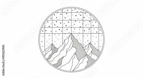 Mountain peaks in a circular frame.