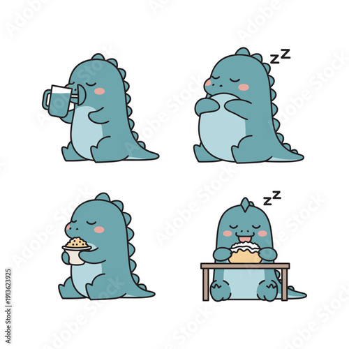 Cute cartoon dinosaur enjoying daily activities with relaxed expression