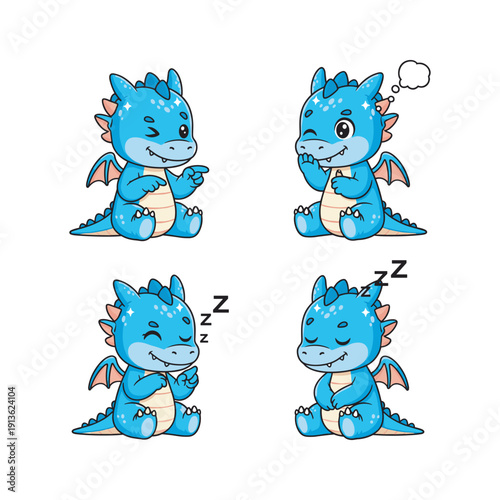 Cute cartoon dragon sleeping and waking up with thought bubble