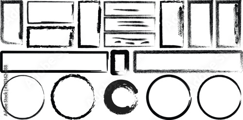 Brush Hand Drawn UI Frames and Geometric Layout Elements Vector Set. Minimal black outline interface elements including rectangles, circles, panels and layout frames.