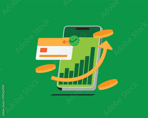 Modern flat payment devices composition showing cashless transactions, fintech services, secure digital commerce concept background