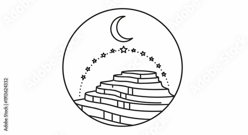 Pyramid under a crescent moon.