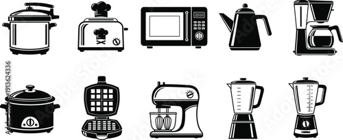Black silhouette kitchen appliances collection including blender, toaster, microwave, kettle, coffee maker, mixer and cooker isolated on white background vector illustration set
