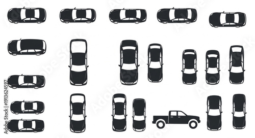 Collection of Car Silhouettes Top View Various Models.