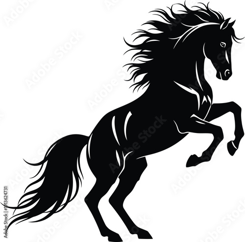 A highly dramatic silhouette of a horse rearing, with an exaggerated, windswept mane and tail flowing majestically. Focus on the theatricality and powerful lines of the combined form. Solid black on w
